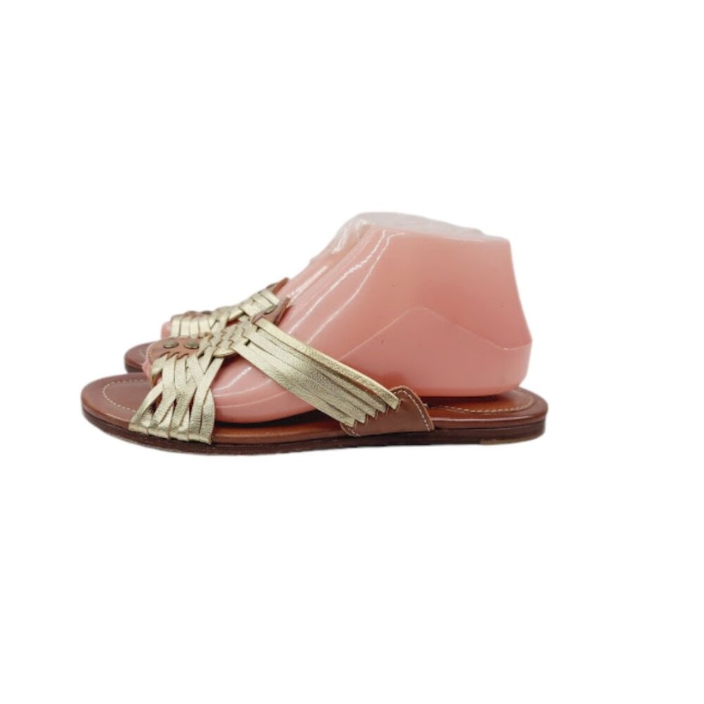 Frye Women's Gold Brown Stripped Open Toe Leather Classic Flat Slide Sandal 9.5B